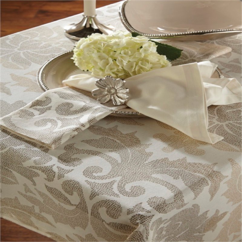 cotton damask dining table cloth, napkins and place mat in off-white and light-grey combination